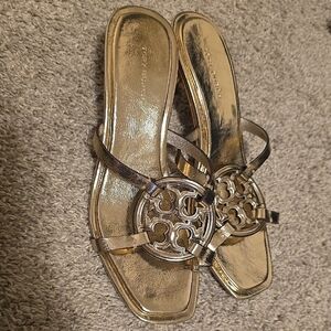 Tory Burch Gold Sandals with Signature Medallion